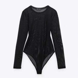 NWT Zara Lingerie Sheer Bodysuit Black Long Sleeve Size Small